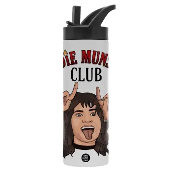 Eddie Munson, Hellfire CLub, Stranger Things, Μεταλλικό παγούρι θερμός με καλαμάκι & χειρολαβή, ανοξείδωτο ατσάλι (Stainless steel 304), διπλού τοιχώματος, 600ml