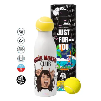 Eddie Munson, Hellfire CLub, Stranger Things, Tennis ball Metal mug thermos White, double wall, 550ml