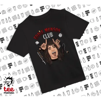 Eddie Munson, Hellfire CLub, Stranger Things, Άνετο παιδικό T-Shirt ΜΑΥΡΟ από 100% βαμβάκι, για κάθε μέρα. Vegan & OEKO-TEX πιστοποιημένο.