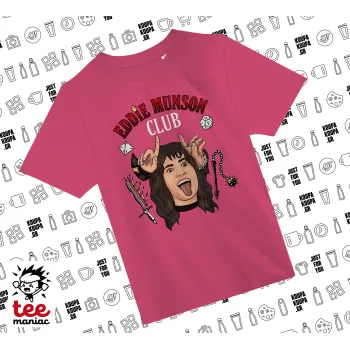 Eddie Munson, Hellfire CLub, Stranger Things, ΡΟΖ παιδικό T-Shirt από 100% βαμβάκι, για κάθε μέρα. Vegan & OEKO-TEX πιστοποιημένο.