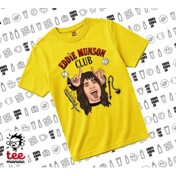 Eddie Munson, Hellfire CLub, Stranger Things, yellow childrens T-Shirt made of 100% cotton, for every day. Vegan & OEKO-TEX certified.