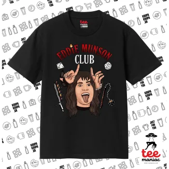 Eddie Munson, Hellfire CLub, Stranger Things, Κλασικό T-Shirt, διπλής ραφής, χωρίς πλευρικές ραφές ΜΑΥΡΟ από 100% βαμβάκι. Vegan & OEKO-TEX πιστοποιημένο.