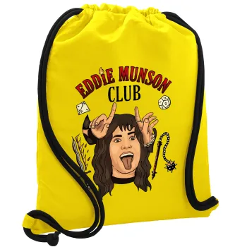 Eddie Munson, Hellfire CLub, Stranger Things, Τσάντα πλάτης πουγκί GYMBAG Κίτρινη, με τσέπη (40x48cm) & χονδρά κορδόνια