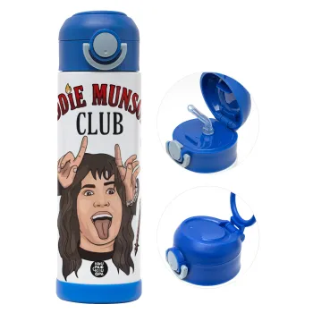 Eddie Munson, Hellfire CLub, Stranger Things, Παιδικό παγούρι θερμό, ανοξείδωτο, με καλαμάκι ασφαλείας, ΜΠΛΕ (500ml)