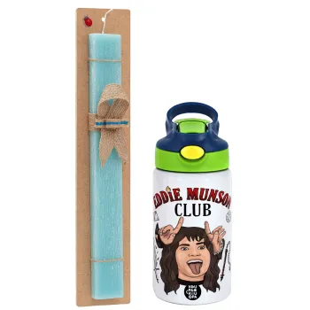 Eddie Munson, Hellfire CLub, Stranger Things, Easter Set, Children's thermal stainless steel bottle with safety straw, green/blue (350ml) & aromatic flat Easter candle (30cm) (TURQUOISE)