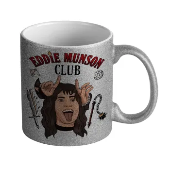 Eddie Munson, Hellfire CLub, Stranger Things, Κούπα Ασημένια Glitter που γυαλίζει, κεραμική, 330ml