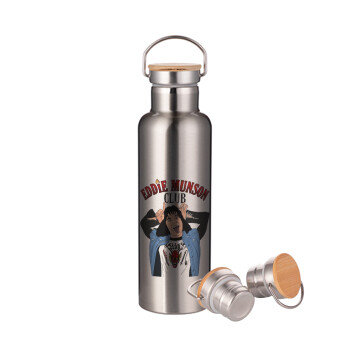 Eddie Munson, Μεταλλικό παγούρι θερμός (Stainless steel) Ασημένιο με ξύλινο καπακι (bamboo), διπλού τοιχώματος, 750ml