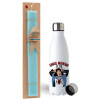 Easter Set, metallic stainless steel water bottle (750ml) & aromatic flat Easter candle (30cm) (TURQUOISE)