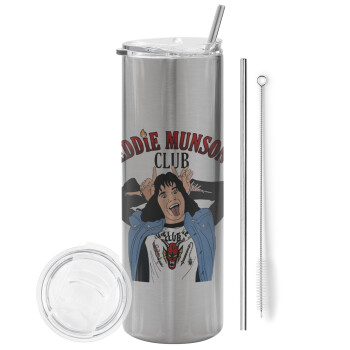 Eddie Munson, Eco friendly stainless steel Silver tumbler 600ml, with metal straw & cleaning brush