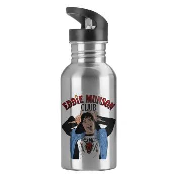 Eddie Munson, Water bottle Silver with straw, stainless steel 600ml