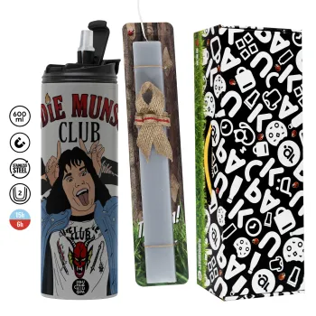 Eddie Munson, Πασχαλινή Λαμπάδα με Travel Tumbler θερμό (600ml, BPA free) & κερί αρωματικό πλακέ (30cm) (ΓΚΡΙ)