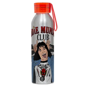 Eddie Munson, Αλουμινένιο Αθλητικό Μπουκάλι 650ml – Ασημί με Κόκκινο Καπάκι και Λουράκι Σιλικόνης