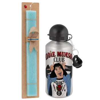 Eddie Munson, Easter Set, metallic silver aluminum water bottle (500ml) & scented flat Easter candle (30cm) (TURQUOISE)