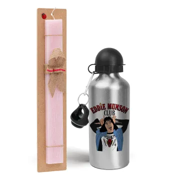 Eddie Munson, Easter Set, metallic Silver aluminum water bottle (500ml) & scented flat Easter candle (30cm) (PINK)