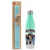 Easter Set, Metallic green/white thermos (Stainless steel), double-walled, 500ml & scented flat Easter candle (30cm) (TURQUOISE)