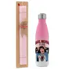 Easter Set, Metallic pink/white (Stainless steel) thermos, double-walled, 500ml & aromatic flat Easter candle (30cm) (PINK)