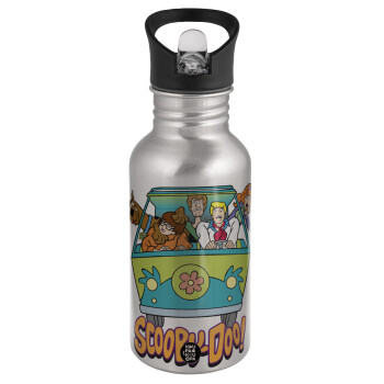 Scooby Doo car, Water bottle Silver with straw, stainless steel 500ml
