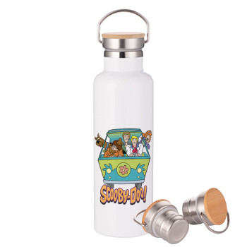 Scooby Doo car, Μεταλλικό παγούρι θερμός (Stainless steel) Λευκό με ξύλινο καπάκι (bamboo), διπλού τοιχώματος, 750ml