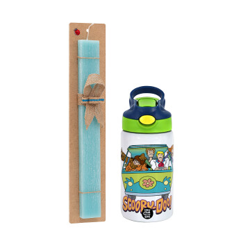 Scooby Doo car, Πασχαλινό Σετ, Παιδικό παγούρι θερμό, ανοξείδωτο, με καλαμάκι ασφαλείας, πράσινο/μπλε (350ml) & πασχαλινή λαμπάδα αρωματική πλακέ (30cm) (ΤΙΡΚΟΥΑΖ)
