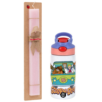 Scooby Doo car, Πασχαλινό Σετ, Παιδικό παγούρι θερμό, ανοξείδωτο, με καλαμάκι ασφαλείας, ροζ/μωβ (350ml) & πασχαλινή λαμπάδα αρωματική πλακέ (30cm) (ΡΟΖ)