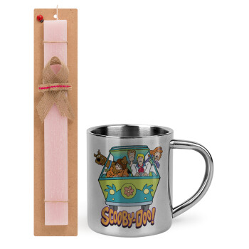 Scooby Doo car, Easter Set, metallic thermal cup (300ml) & aromatic flat Easter candle (30cm) (PINK)