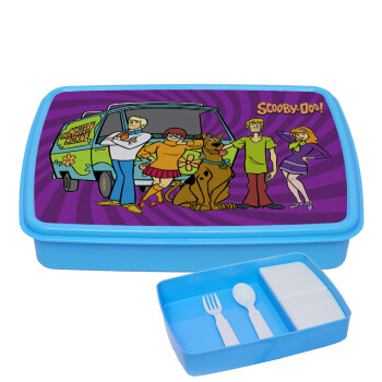Scooby Doo car, ΜΠΛΕ παιδικό δοχείο φαγητού (lunchbox) πλαστικό με παιδικά μαχαιροπίρουρα & 2 εσωτερικά δοχεία (BPA-FREE) Lunch Βox M23 x Π18 x Υ4cm