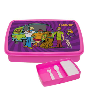 Scooby Doo car, ΡΟΖ παιδικό δοχείο φαγητού (lunchbox) πλαστικό με παιδικά μαχαιροπίρουρα & 2 εσωτερικά δοχεία (BPA-FREE) Lunch Βox M23 x Π18 x Υ4cm