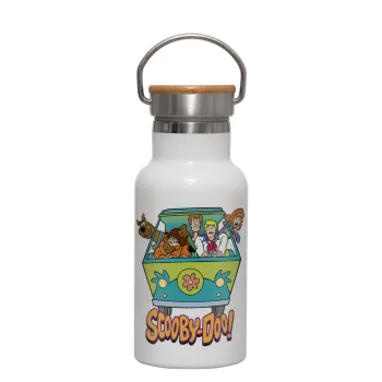 Scooby Doo car, Metallic thermos (Stainless steel) White with wooden lid (bamboo), double-walled, 350ml