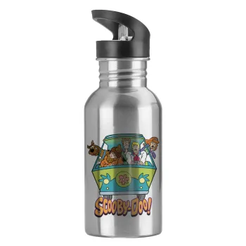 Scooby Doo car, Water bottle Silver with straw, stainless steel 600ml
