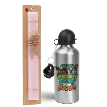 Scooby Doo car, Easter Set, metallic Silver aluminum water bottle (500ml) & scented flat Easter candle (30cm) (PINK)