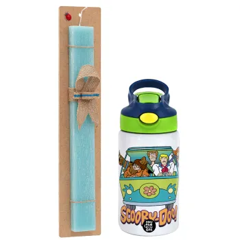 Scooby Doo car, Πασχαλινή Λαμπάδα με Παιδικό παγούρι θερμό, ανοξείδωτο, με καλαμάκι ασφαλείας, πράσινο/μπλε (350ml) & κερί αρωματικό πλακέ (30cm) (ΤΙΡΚΟΥΑΖ)