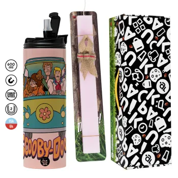 Scooby Doo car, Πασχαλινή Λαμπάδα με  ΡΟΖ Travel Tumbler θερμό (600ml, BPA free) & κερί αρωματικό πλακέ (30cm) (ΡΟΖ)