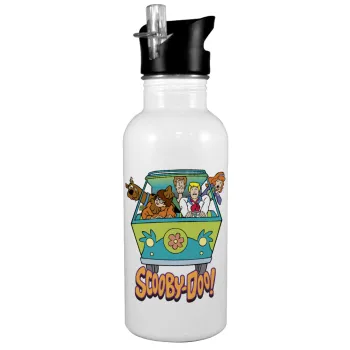 Scooby Doo car, Παγούρι νερού Λευκό με καλαμάκι, ανοξείδωτο ατσάλι 600ml