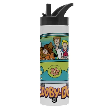 Scooby Doo car, Μεταλλικό παγούρι θερμός με καλαμάκι & χειρολαβή, ανοξείδωτο ατσάλι (Stainless steel 304), διπλού τοιχώματος, 600ml