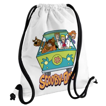 Scooby Doo car, Τσάντα πλάτης πουγκί GYMBAG λευκή, με τσέπη (40x48cm) & χονδρά κορδόνια