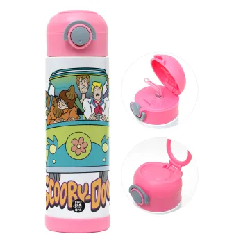 Scooby Doo car, Children's hot water bottle, stainless steel, with safety straw, PINK (500ml)