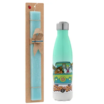 Scooby Doo car, Easter Set, Metallic green/white thermos (Stainless steel), double-walled, 500ml & scented flat Easter candle (30cm) (TURQUOISE)