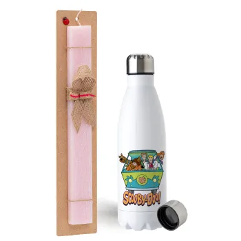 Scooby Doo car, Easter Set, metallic stainless steel water bottle (750ml) & scented flat Easter candle (30cm) (PINK)