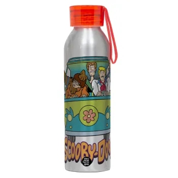 Scooby Doo car, Αλουμινένιο Αθλητικό Μπουκάλι 650ml – Ασημί με Κόκκινο Καπάκι και Λουράκι Σιλικόνης