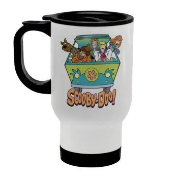 Scooby Doo car, Stainless steel travel mug with lid, double wall white 450ml