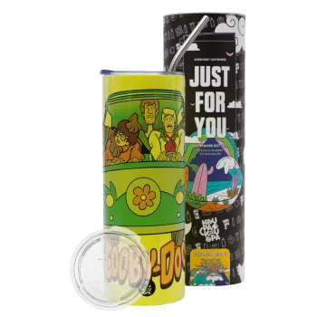 Scooby Doo car, Neon Yellow Travel Tumbler θερμό, μεταλλικό καλαμάκι(Ανωξείδωτο 304 Food grade, BPA free, 600ml)