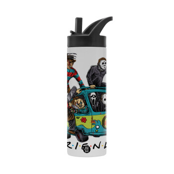 Halloween Friends Scooby Doo, Metallic thermos bottle with straw & handle, stainless steel (Stainless steel 304), double-walled, 600ml.