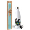Easter Set, metallic stainless steel water bottle (750ml) & aromatic flat Easter candle (30cm) (TURQUOISE)