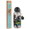 Easter Set, metallic silver aluminum water bottle (500ml) & scented flat Easter candle (30cm) (TURQUOISE)