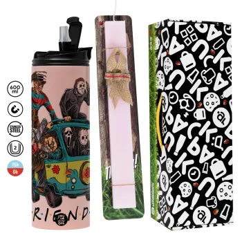 Halloween Friends Scooby Doo, Πασχαλινή Λαμπάδα με  ΡΟΖ Travel Tumbler θερμό (600ml, BPA free) & κερί αρωματικό πλακέ (30cm) (ΡΟΖ)