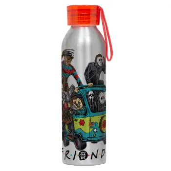 Halloween Friends Scooby Doo, Αλουμινένιο Αθλητικό Μπουκάλι 650ml – Ασημί με Κόκκινο Καπάκι και Λουράκι Σιλικόνης