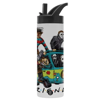 Halloween Friends Scooby Doo, Μεταλλικό παγούρι θερμός με καλαμάκι & χειρολαβή, ανοξείδωτο ατσάλι (Stainless steel 304), διπλού τοιχώματος, 600ml