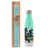 Easter Set, Metallic green/white thermos (Stainless steel), double-walled, 500ml & scented flat Easter candle (30cm) (TURQUOISE)