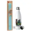 Easter Set, metallic stainless steel water bottle (750ml) & aromatic flat Easter candle (30cm) (TURQUOISE)