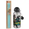 Easter Set, metallic silver aluminum water bottle (500ml) & scented flat Easter candle (30cm) (TURQUOISE)